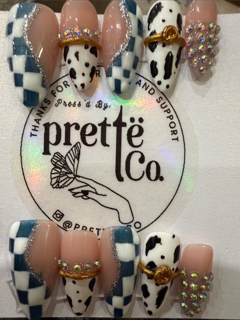 prettē Co. Cow Print & Checkerboard Press-On Nail Set in Pink, White, Navy